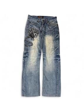 RARE Y2K VINTAGE EMBROIDERED JIZO CHAIN SKULL DENIM JEANS